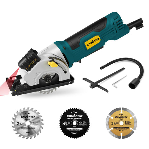 Enventor mini circular saw cutting wood smoothly with a 24T wood blade.