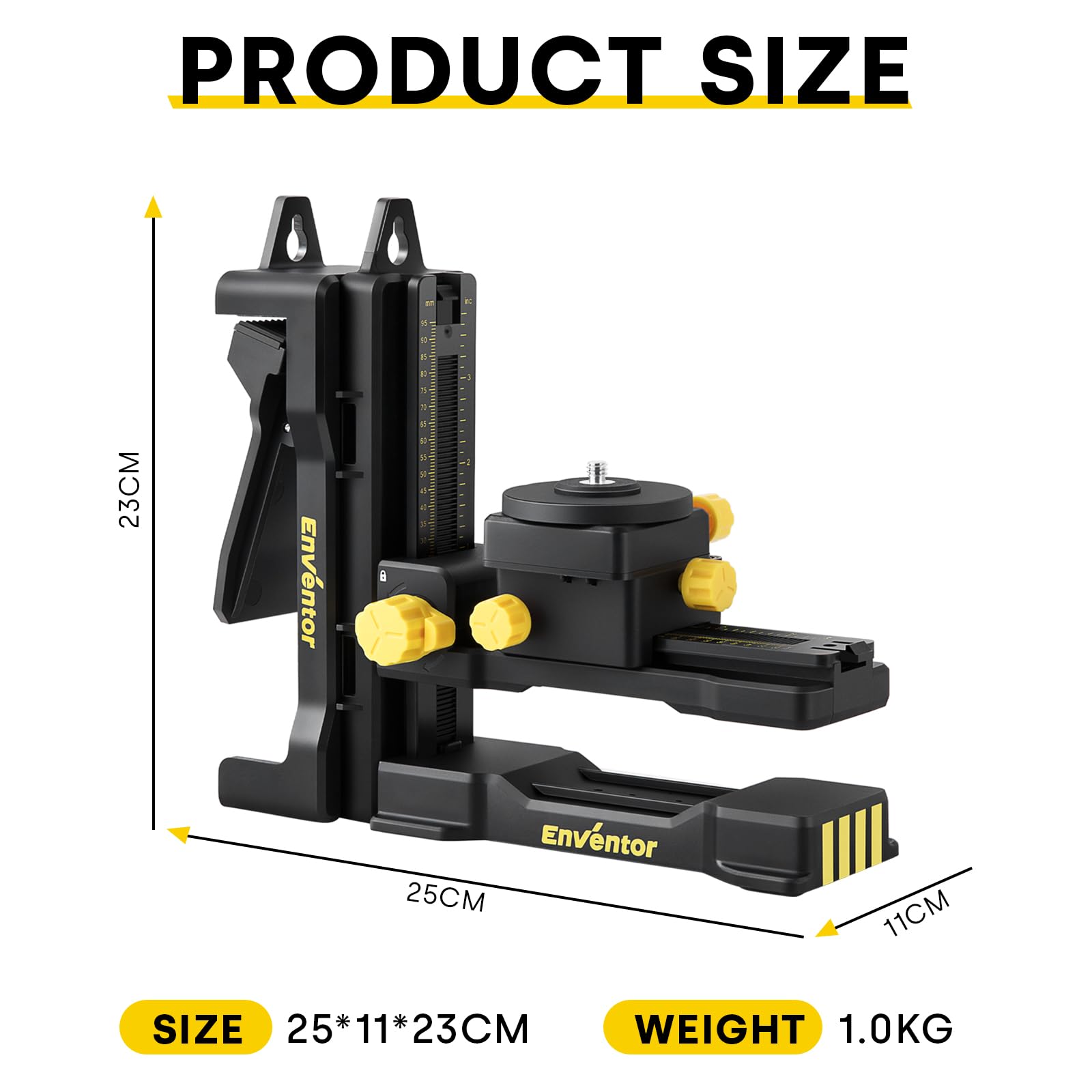 Enventor packaging includes stand, back clip, and manual for setup.