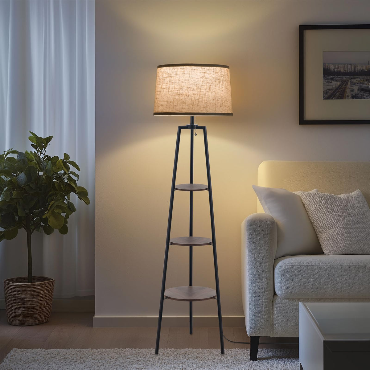 EOEYYOYB 3 tier shelf lamp in walnut offers storage and warm ambience.