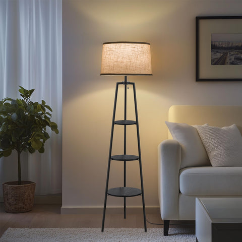 EOEYYOYB 3-tier shelf lamp with black base adds organized storage and sleek style.