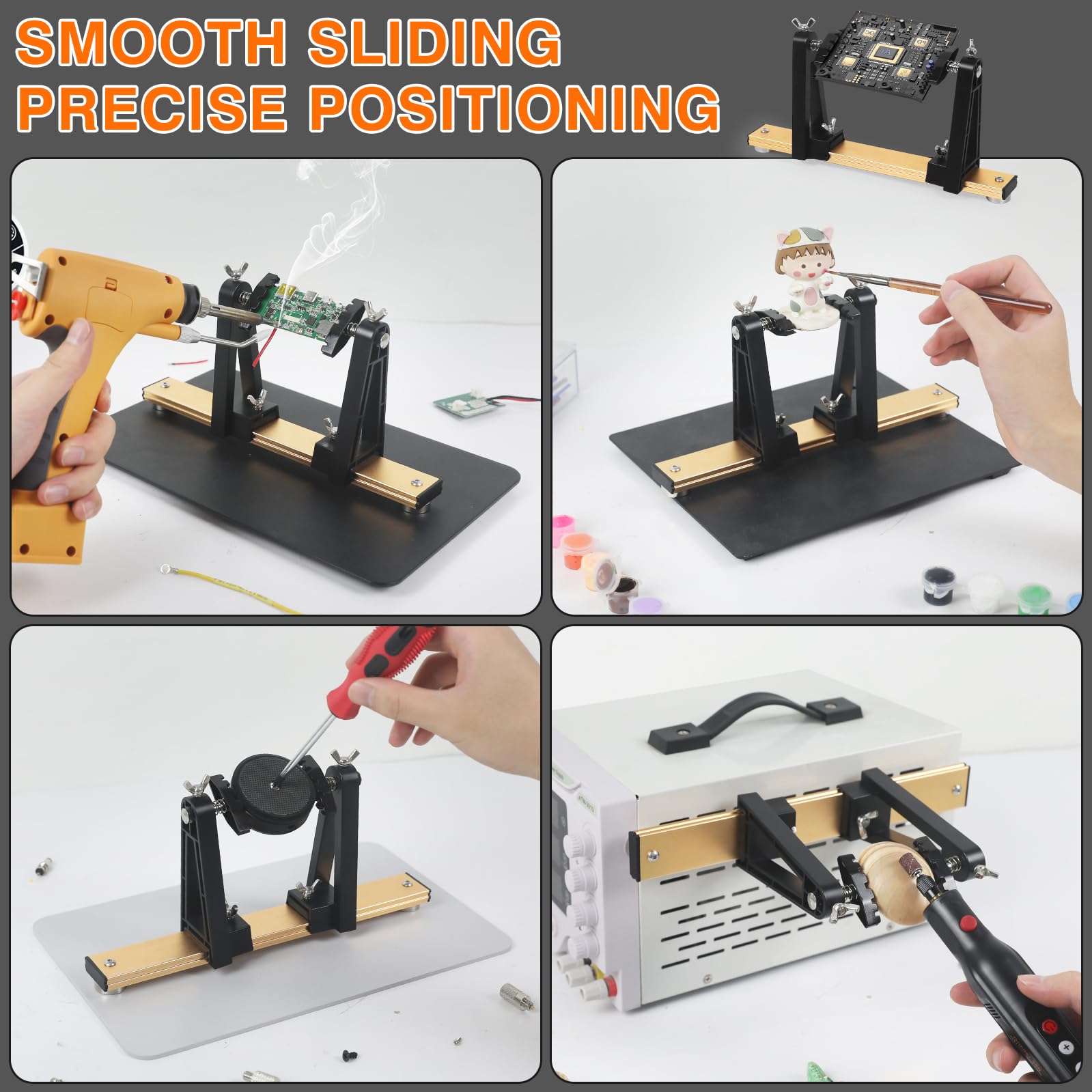 Space-saving PCB aid for electronics repair and testing.