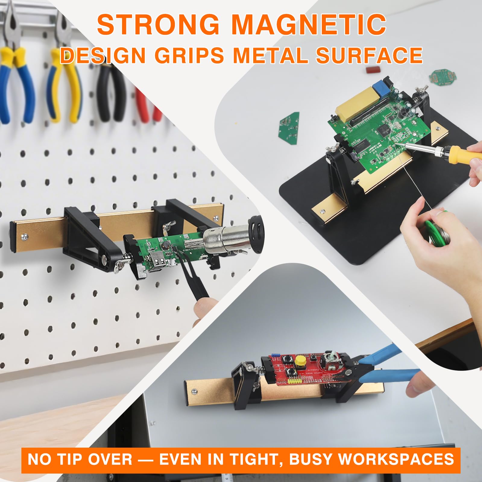 Smooth sliding clamps enable quick, steady PCB positioning.
