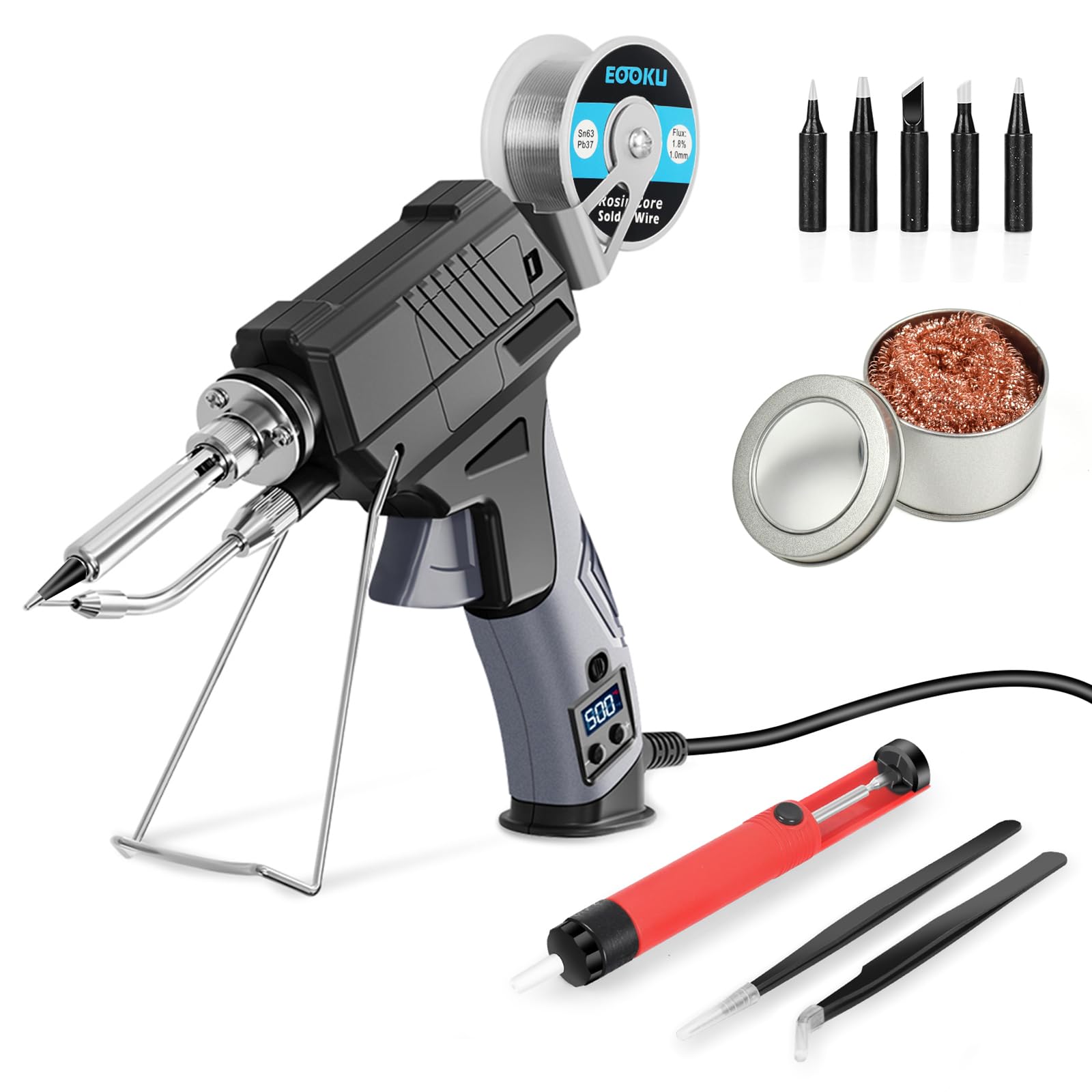 EOOKU soldering iron gun kit auto-feed in action for steady one-handed use