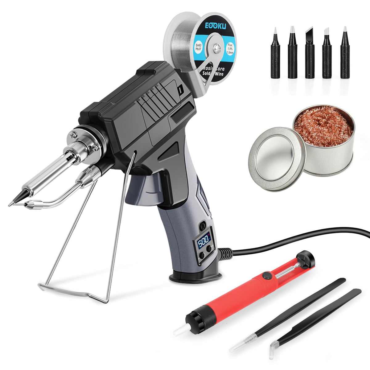 EOOKU soldering iron gun kit auto-feed in action for steady one-handed use