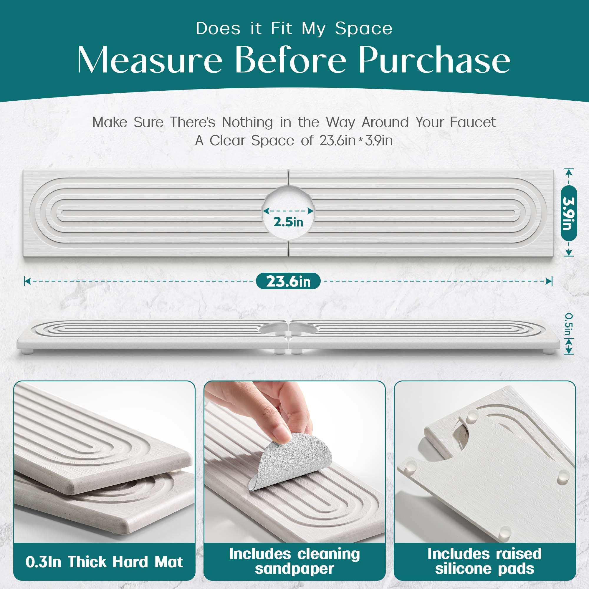 Eormoe faucet mat in bathroom vanity for splash control.