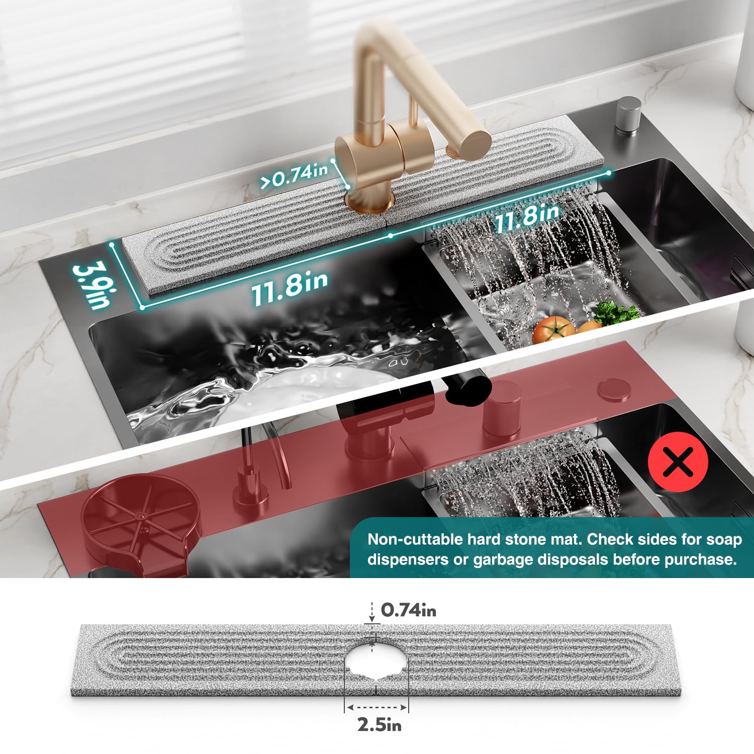 Eormoe stone sink protector prevents water spread while adding a modern touch.
