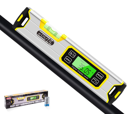 eOUTIL digital level closeup with bright green LED display for precise readings