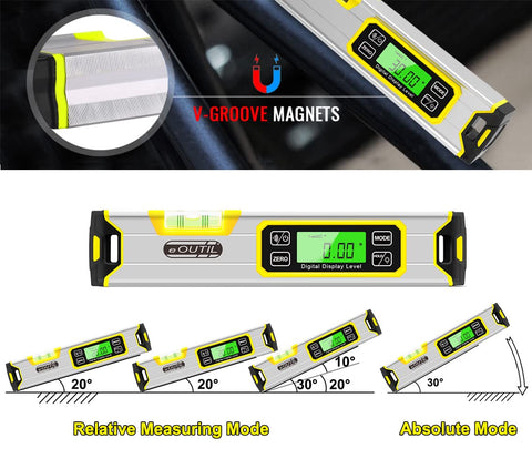 eOUTIL level displays tilt angle readout for precise alignment