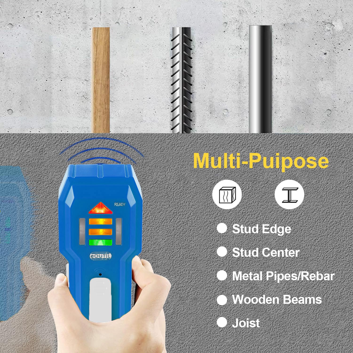 eOUTIL ST102 blue LED indicator guides accurate locating steps