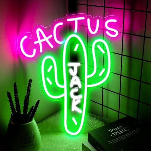 eoxuefo Cactus Jack neon sign on wall with pink and green glow, ideal for bedroom vibes.