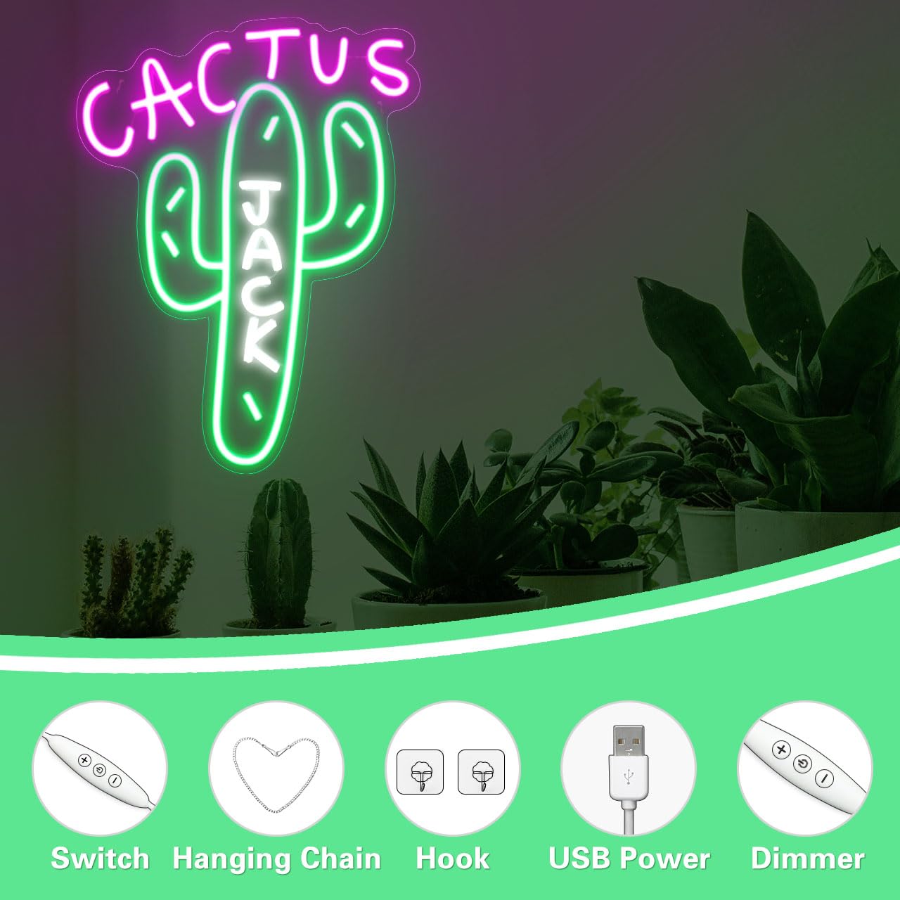 eoxuefo Cactus Jack LED sign cools spaces with durable acrylic back panel.