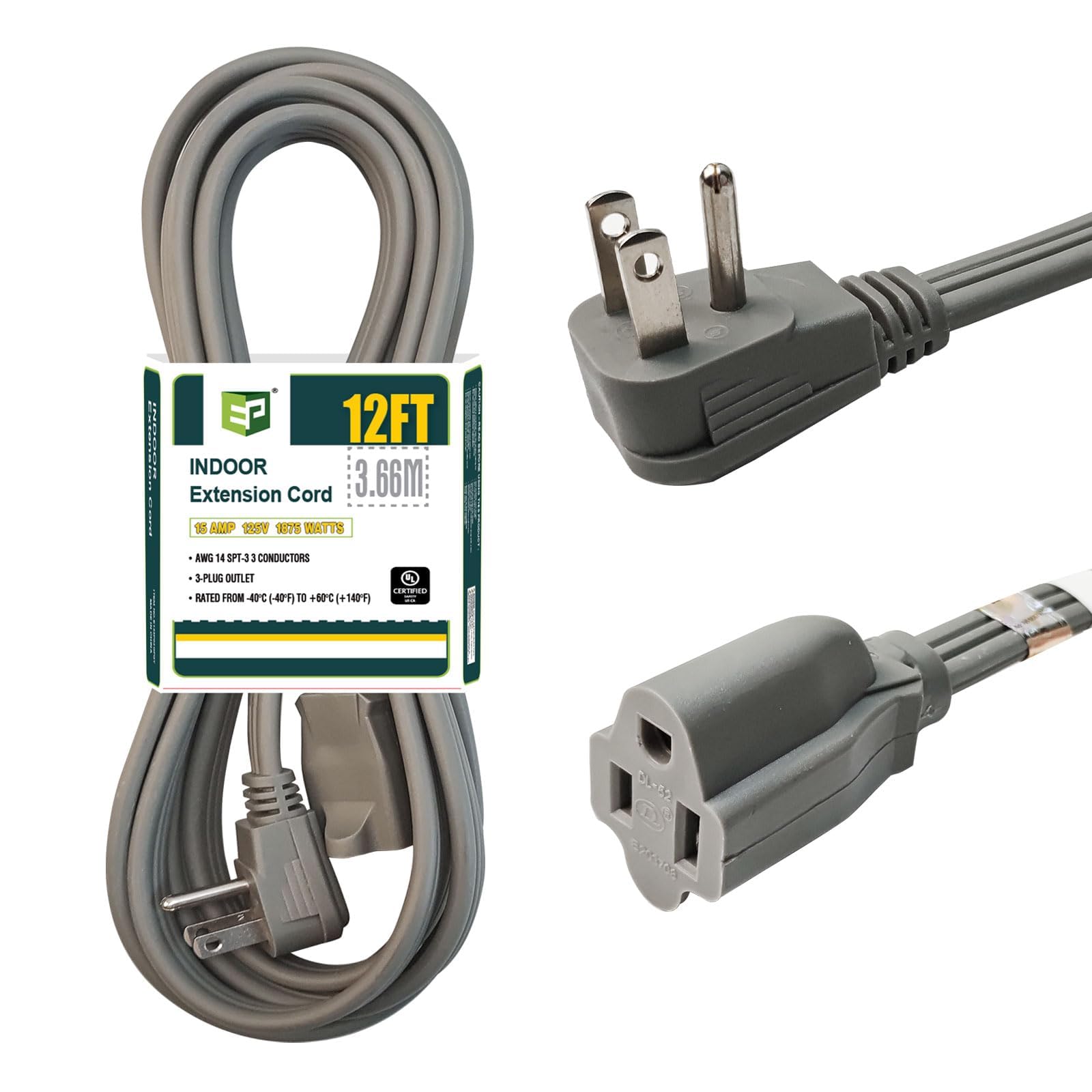 EP 12 ft heavy-duty extension cord with flat plug for space-saving indoor setup