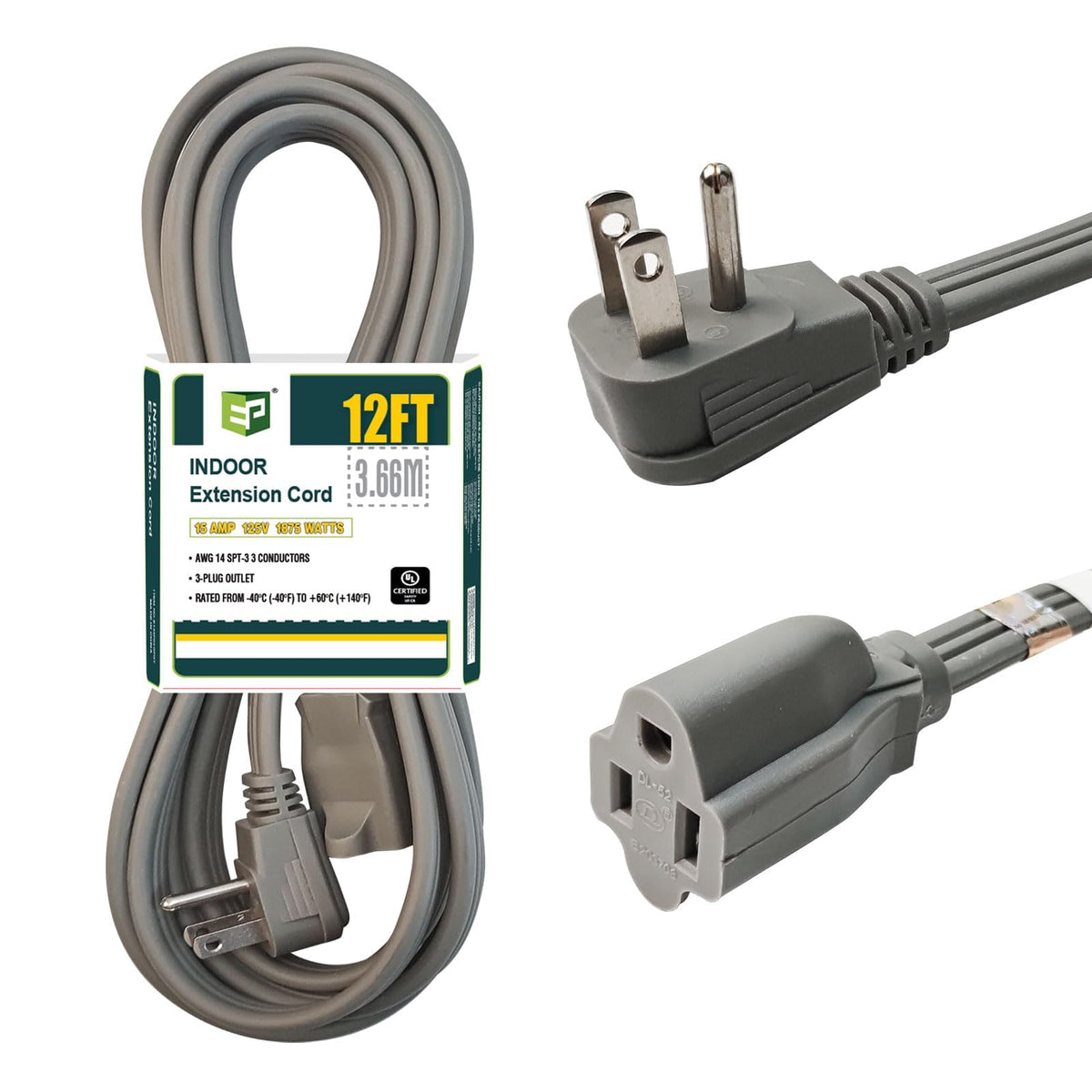 EP 12 ft heavy-duty extension cord with flat plug for space-saving indoor setup
