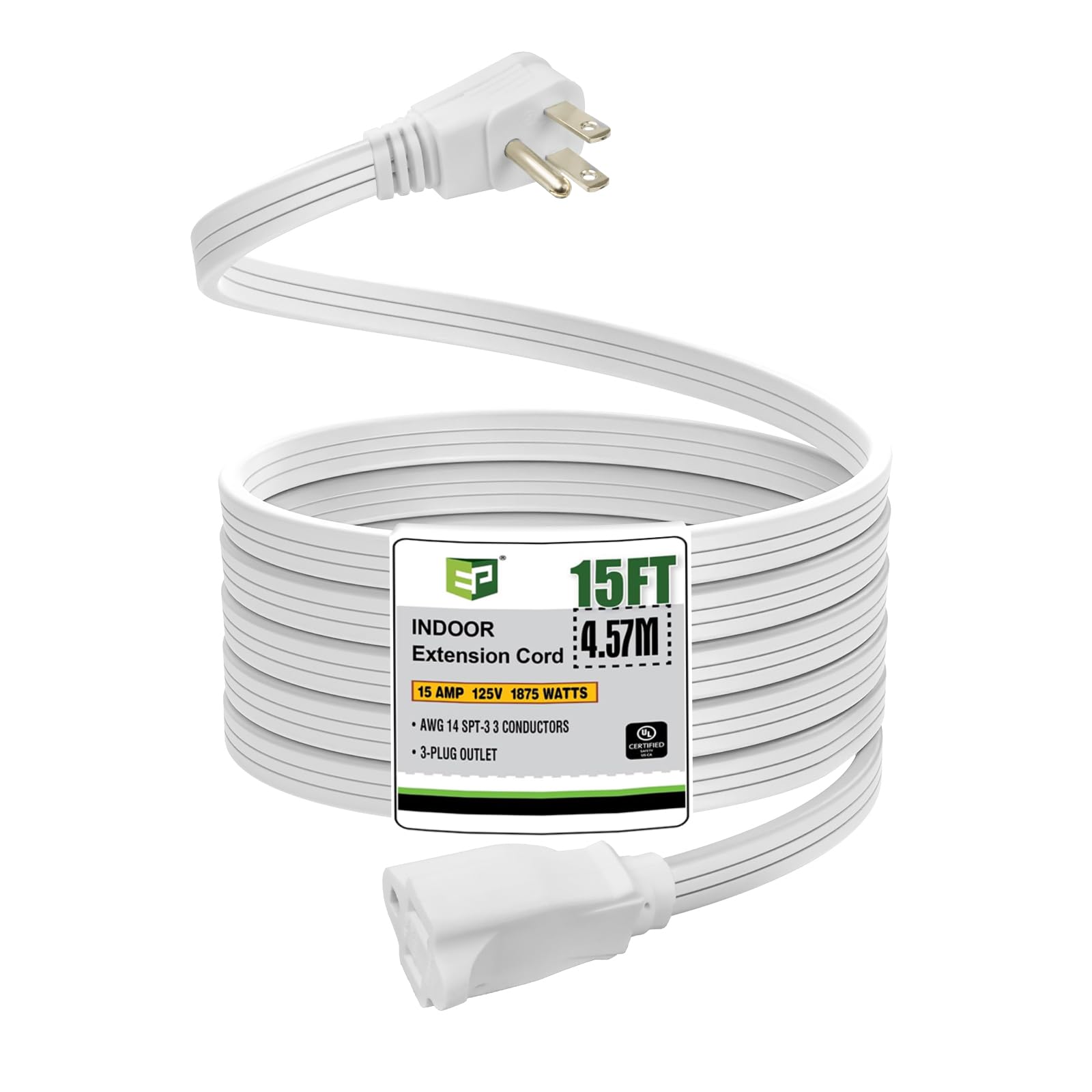 EP 15 ft heavy-duty extension cord with flat plug for space-saving wall installation in tight spaces.