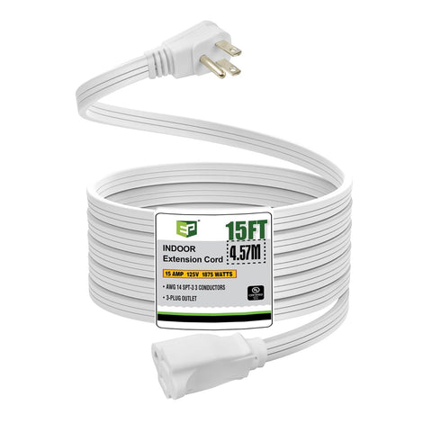 EP 15 ft heavy-duty extension cord with flat plug for space-saving wall installation in tight spaces.