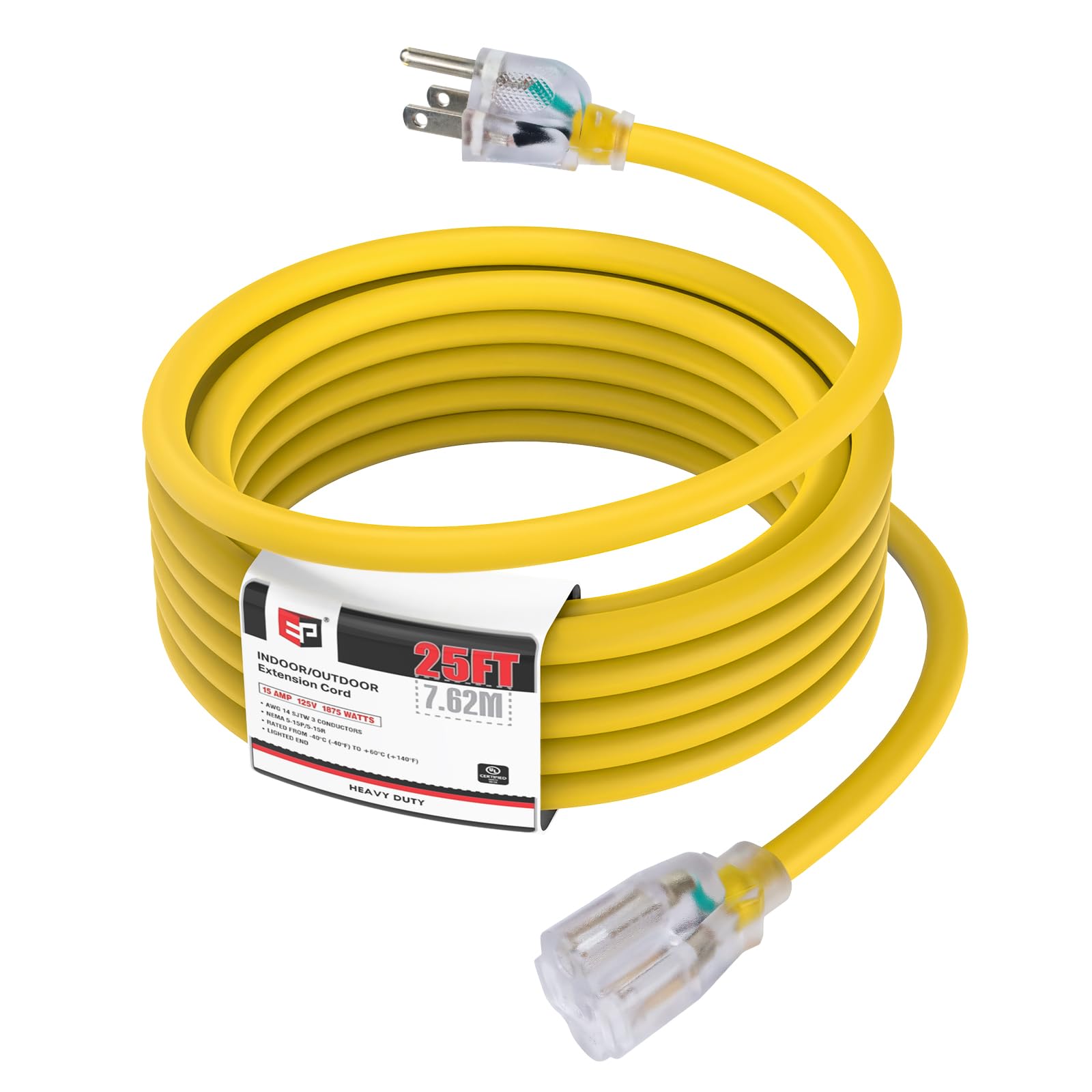 EP 25 ft lighted outdoor extension cord with LED end for night visibility.