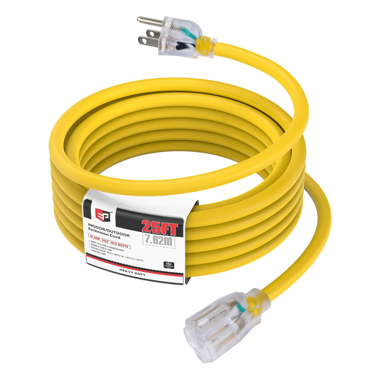 EP 25 ft lighted outdoor extension cord with LED end for night visibility.