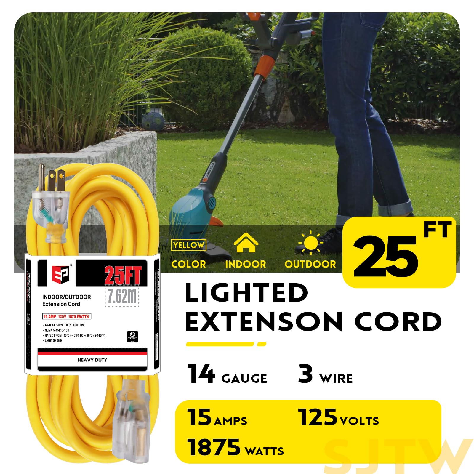 EP 25 ft triple-outlet end with LED indicator for versatile outdoor power.