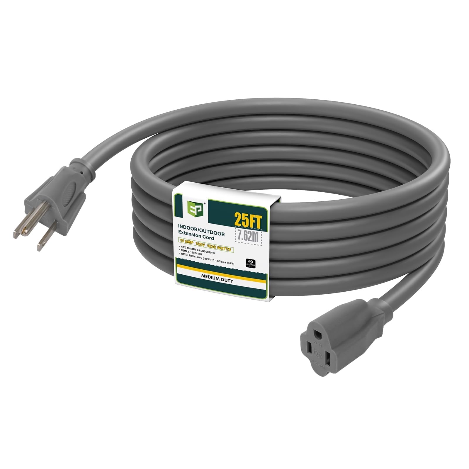 EP 25 ft extension cord with grounded plug for reliable outdoor power.