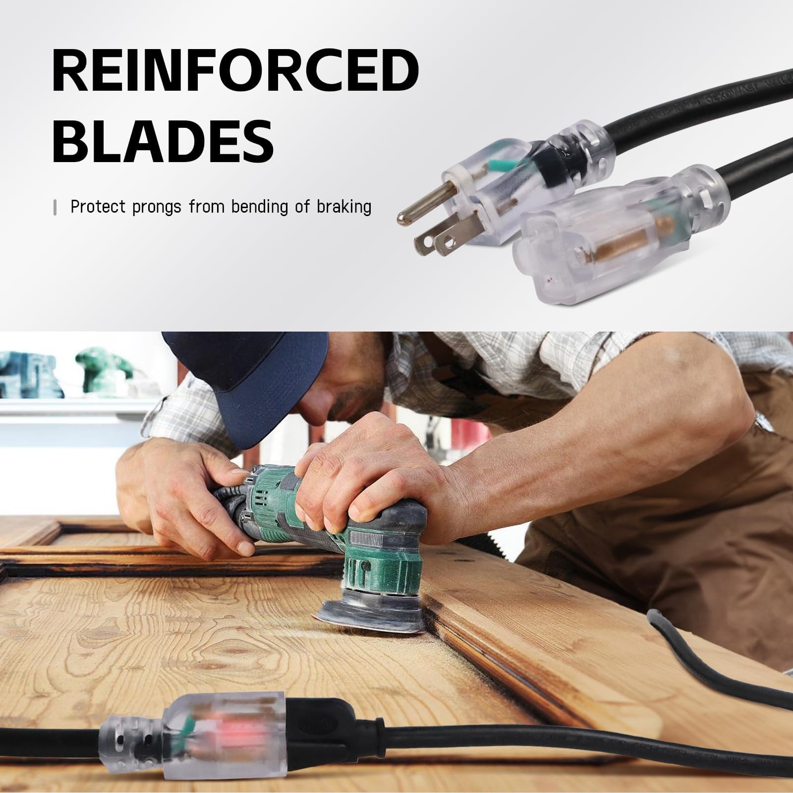 EP 25 ft extension cord grounded plug with reinforced blades enhances safety.