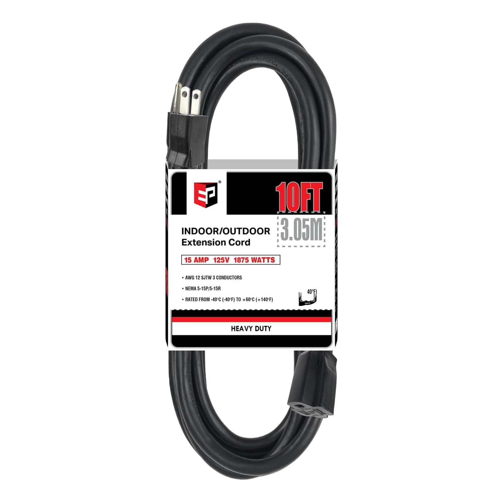 EP 10 ft outdoor extension cord plug close-up with grounded safety.