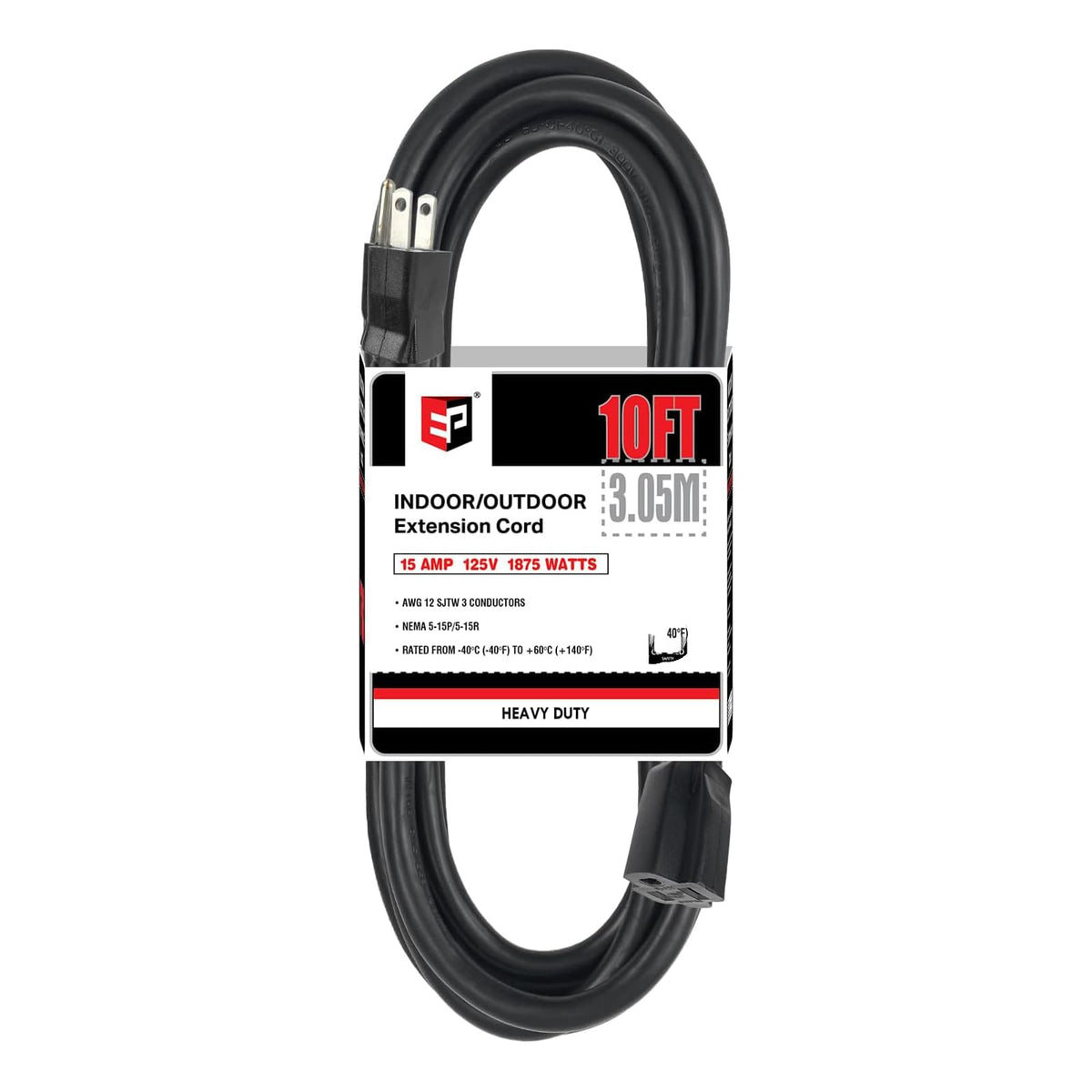 EP 10 ft outdoor extension cord plug close-up with grounded safety.