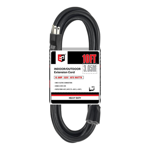 EP 10 ft outdoor extension cord plug close-up with grounded safety.