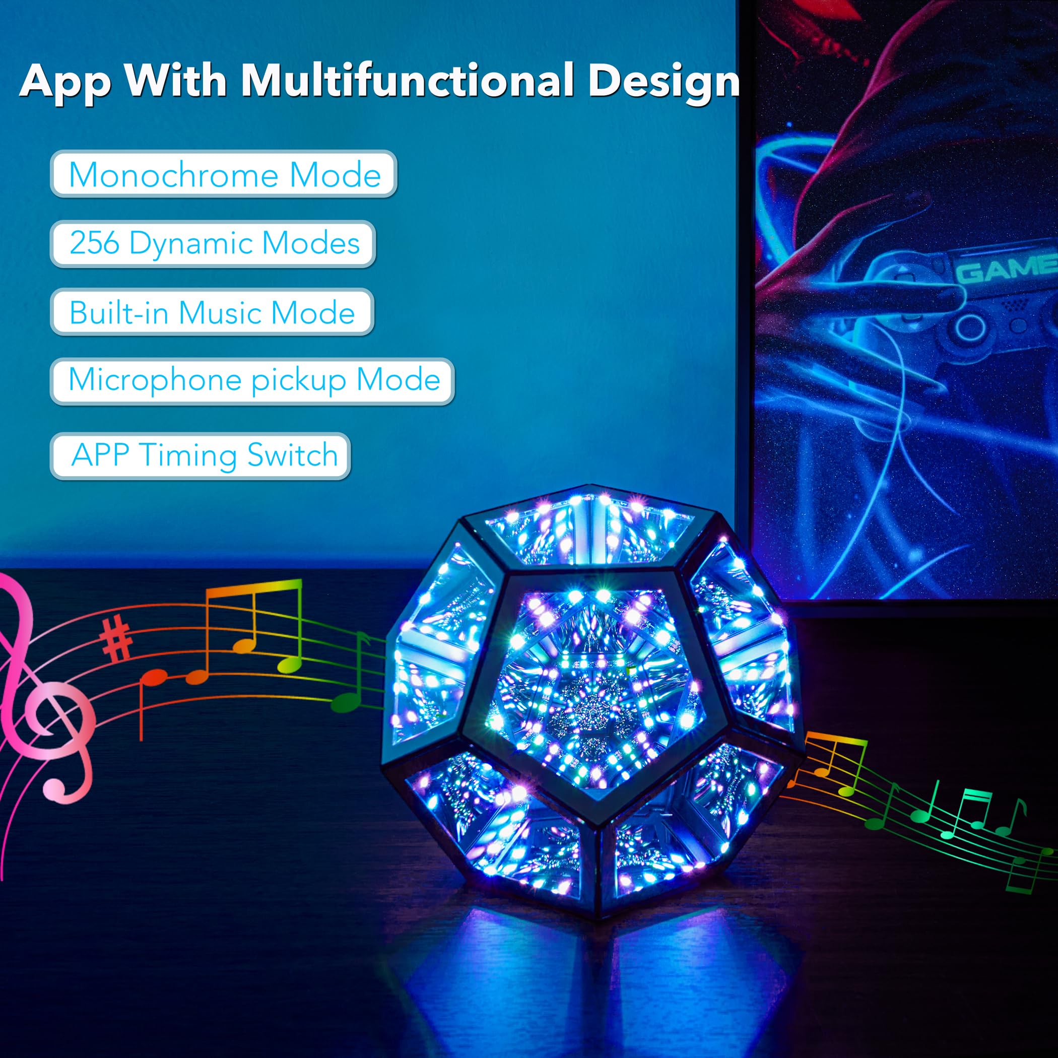 Close-up of dodecahedron edges and soft ambient hues.