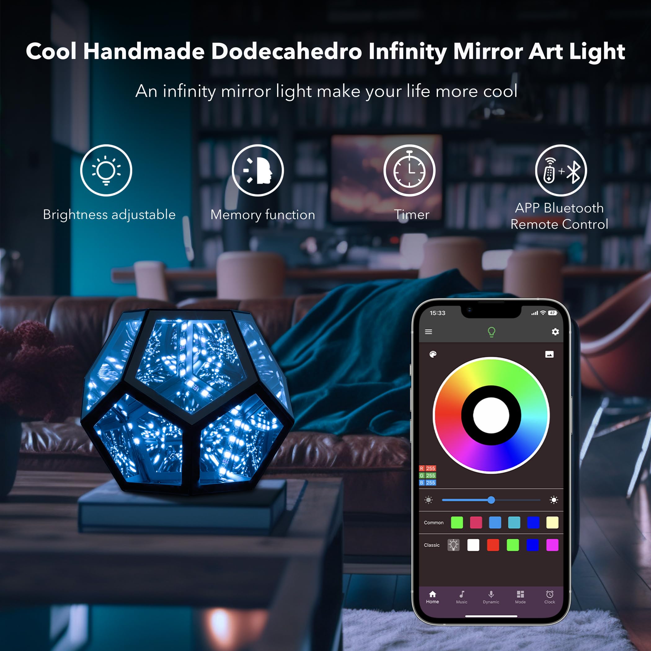 Dynamic color modes demonstrate 365 lighting presets for mood lighting.