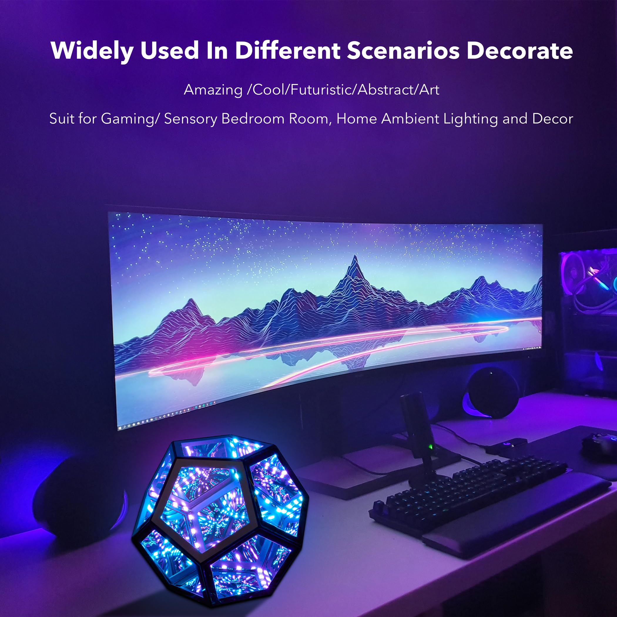 Side angle shows geometric design and vivid color spectrum for room decor.