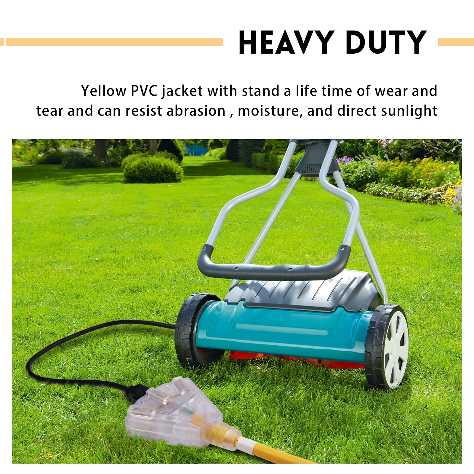 EP weatherproof flexible yellow extension cord in outdoor setting