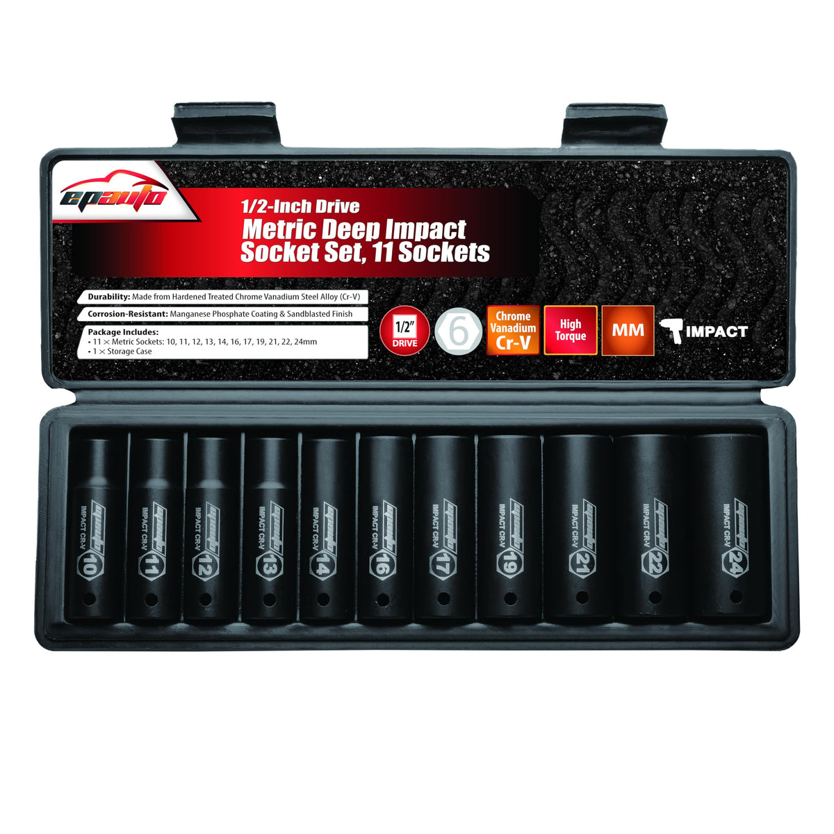 EPAuto deep-impact socket set laid out in metric sizes for quick reference.