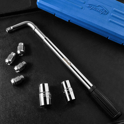 EPAuto lug wrench sockets 17mm, 19mm, 21mm, 22mm cover common wheel sizes.
