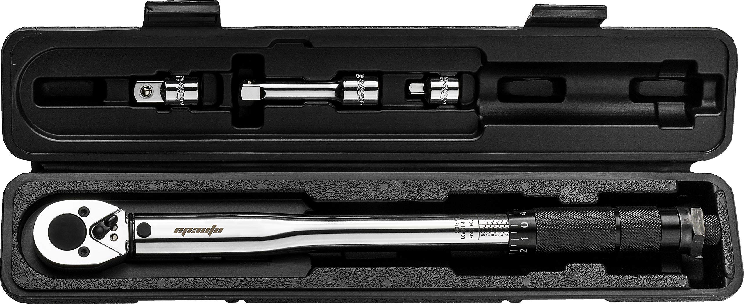 EPAuto torque wrench dimensions shown: 1.5x1x14.5 in for portability.
