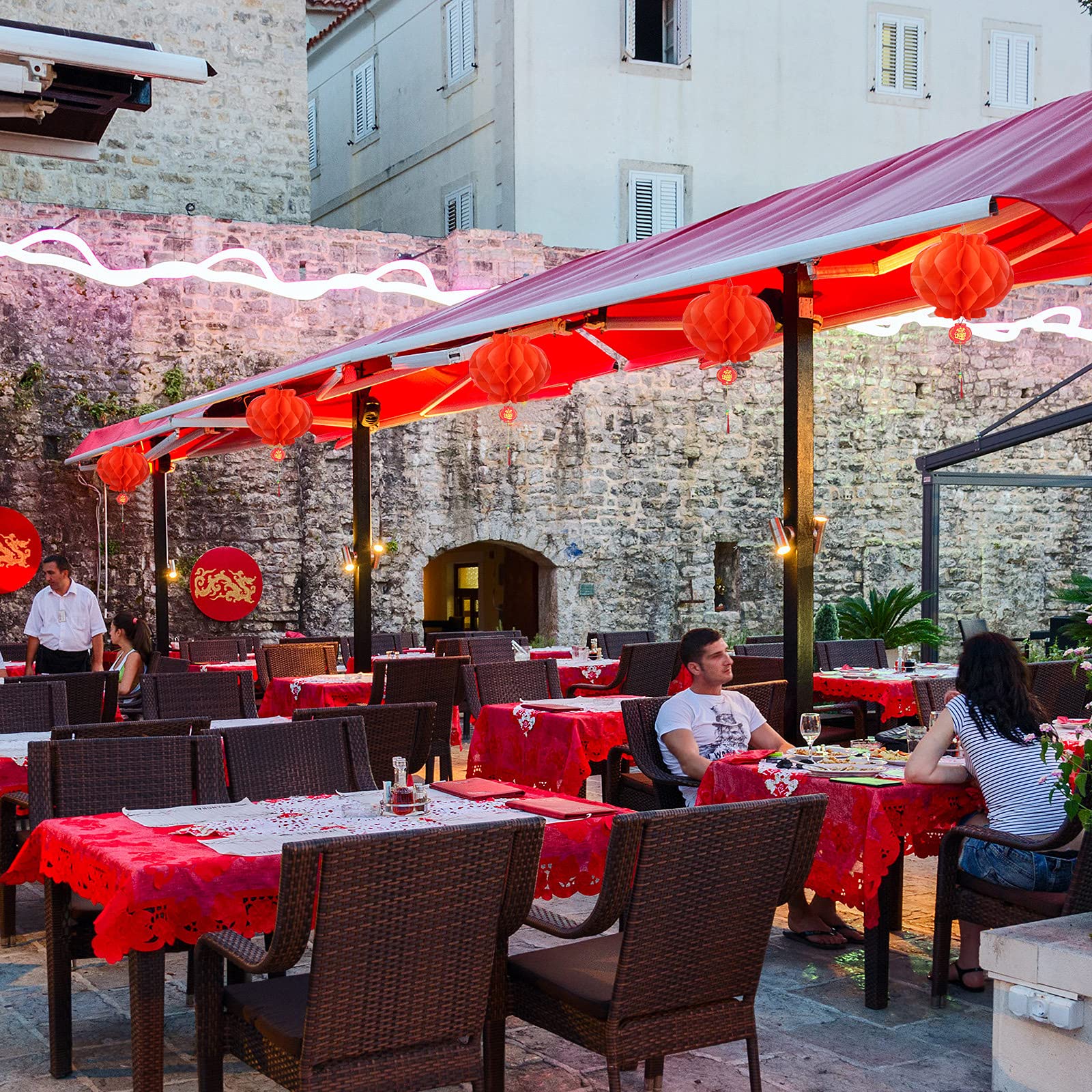 Epakh red paper lanterns with tassels and charms for festive ambiance