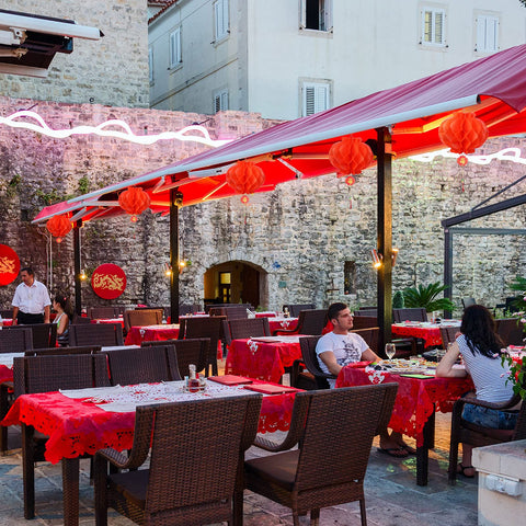 Epakh red paper lanterns with tassels and charms for festive ambiance