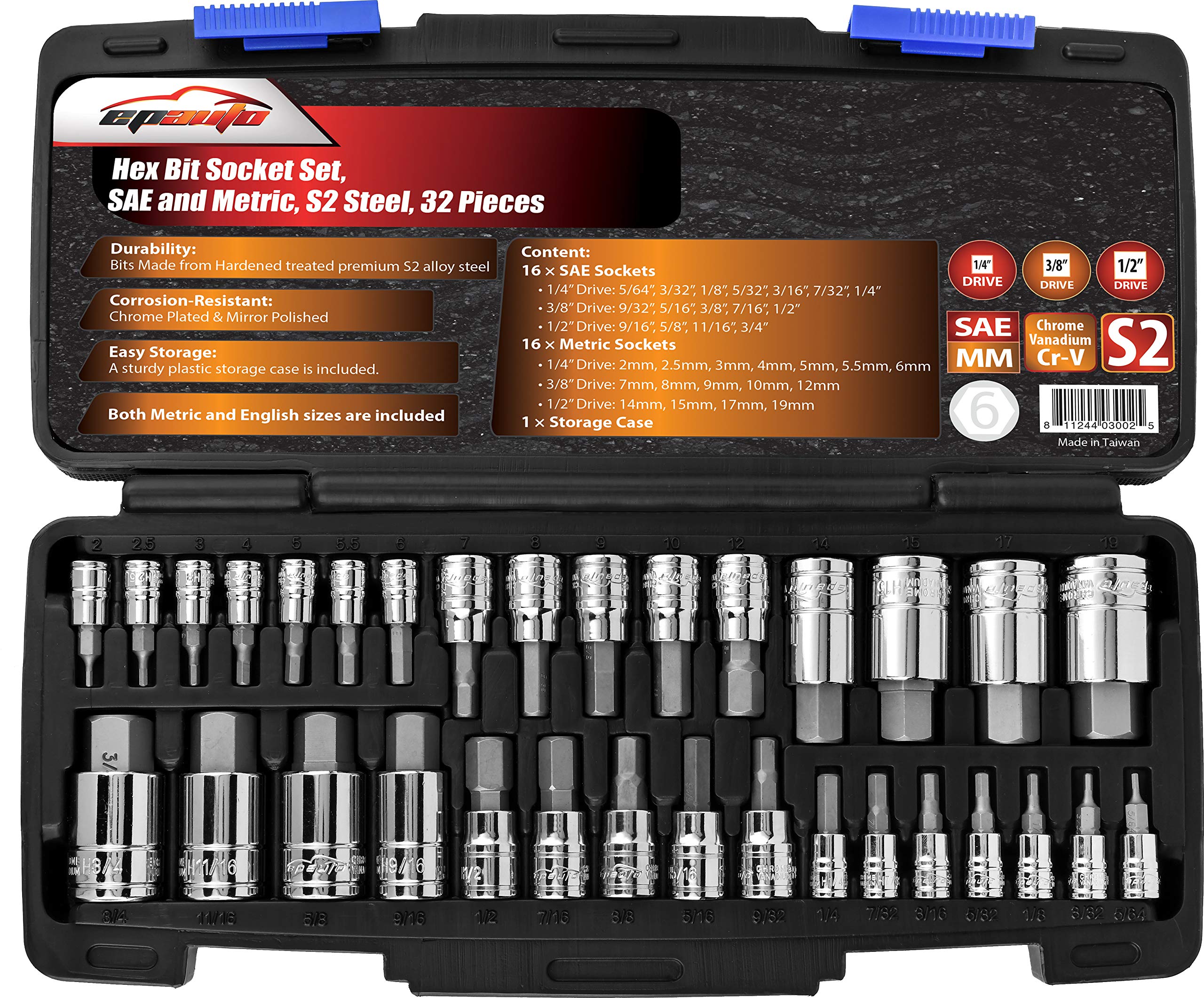 EPAuto 32pc hex bit socket set case for organized toolkits.