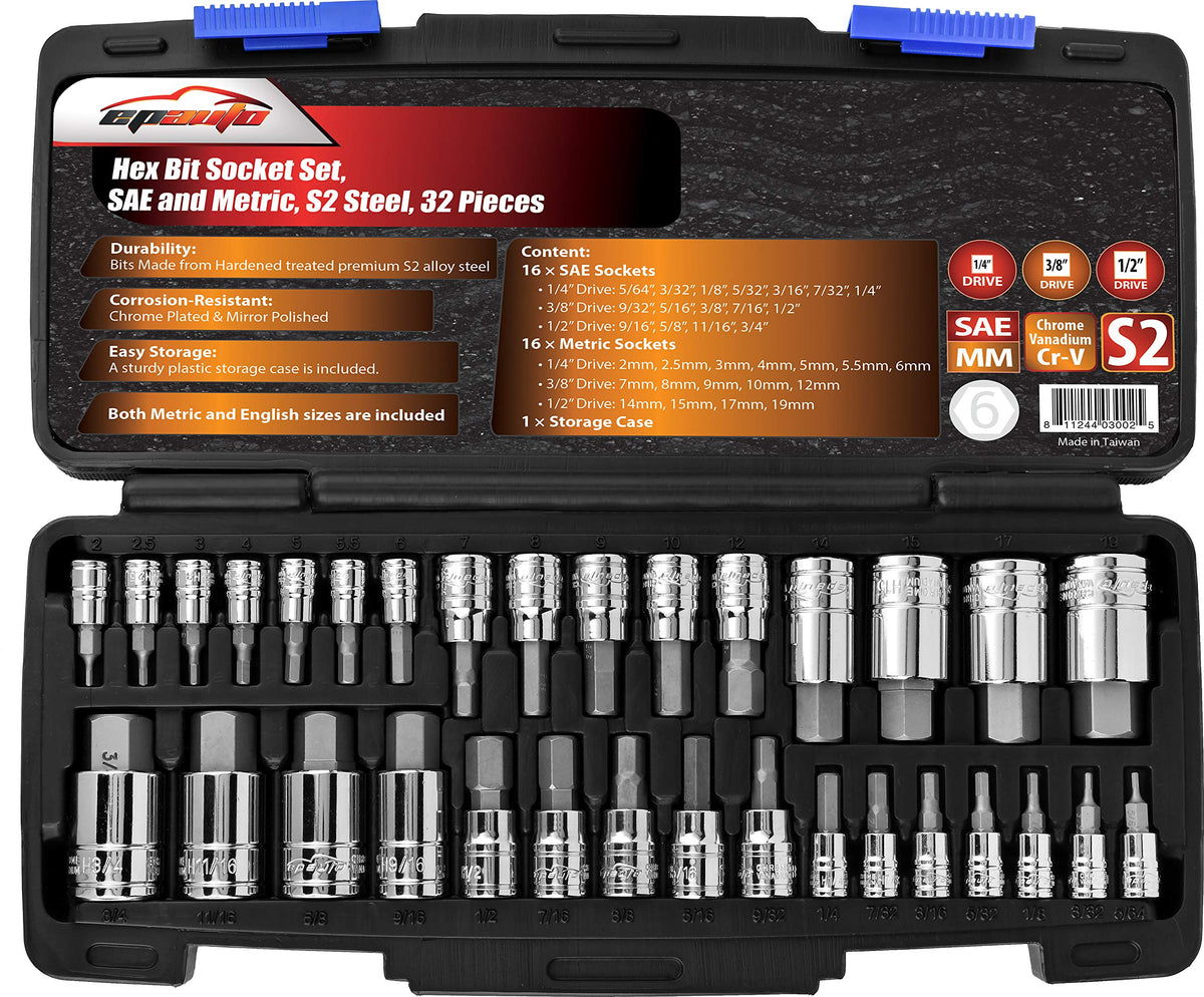 EPAuto 32pc hex bit socket set case for organized toolkits.