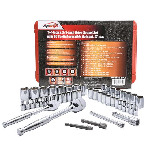 EPAuto 47-piece socket set in case, neatly organized for quick automotive and home projects.