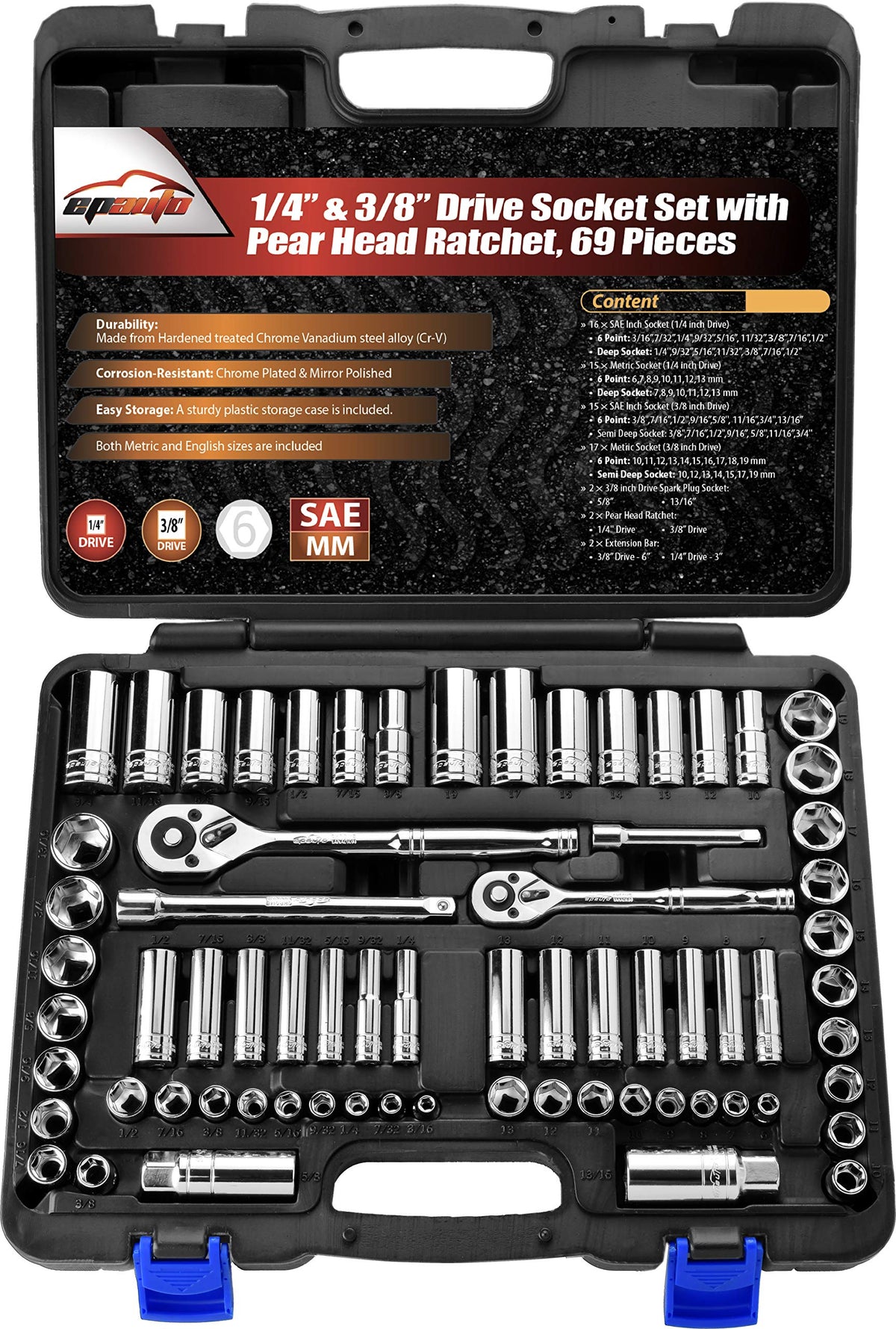 EPAuto 69-piece socket set with pear head ratchet and dual drive sizes