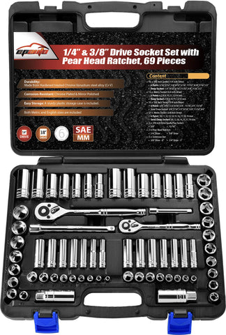 EPAuto 69-piece socket set with pear head ratchet and dual drive sizes