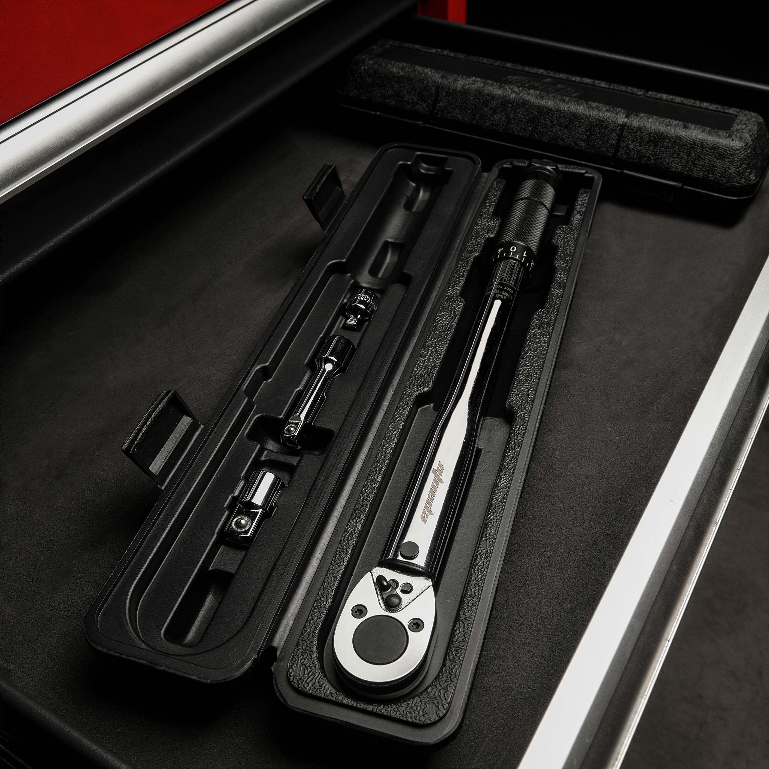 EPAuto torque wrench stored in sturdy case for organized transport.