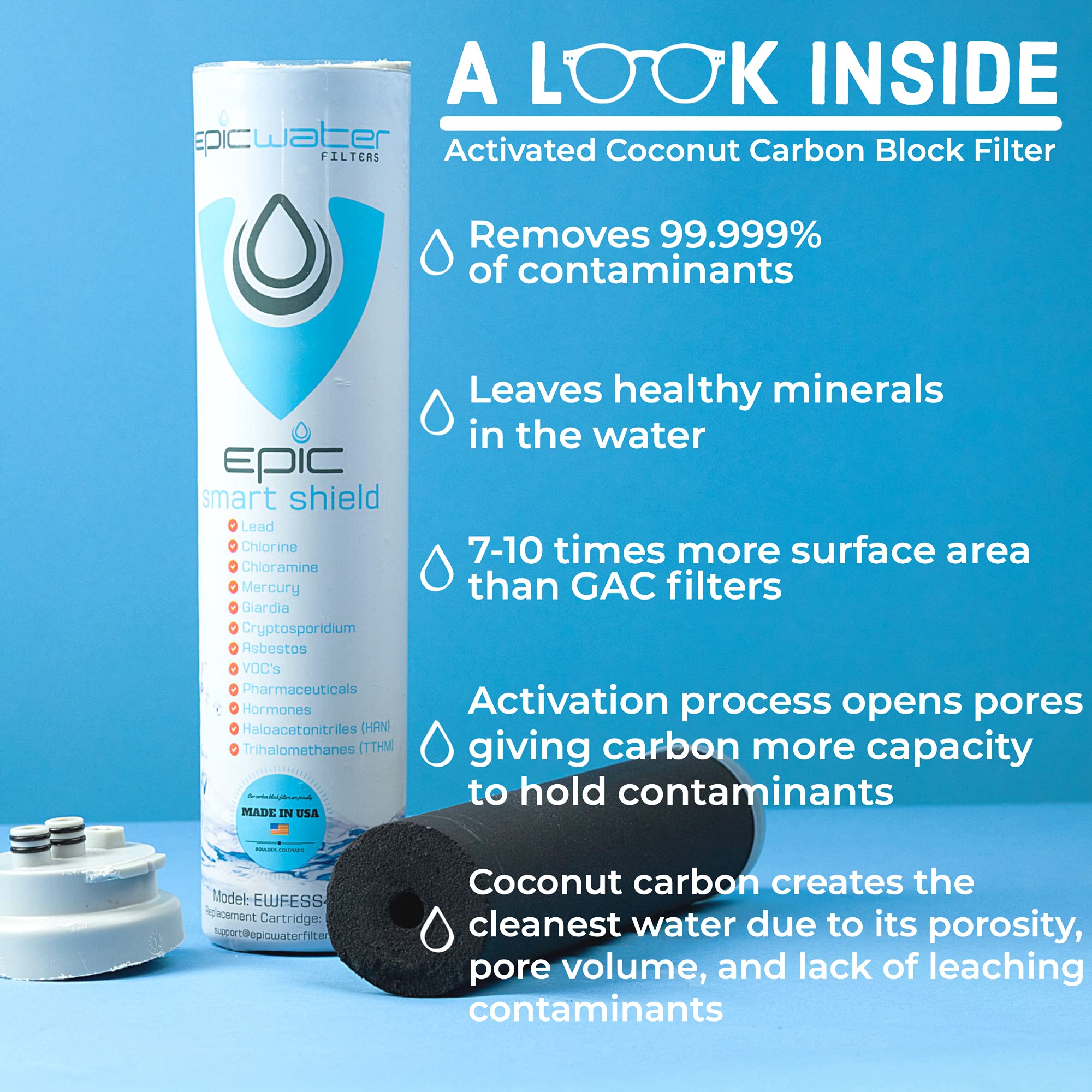 Epic Smart Shield carbon-block filtration captures particulates for cleaner tap water
