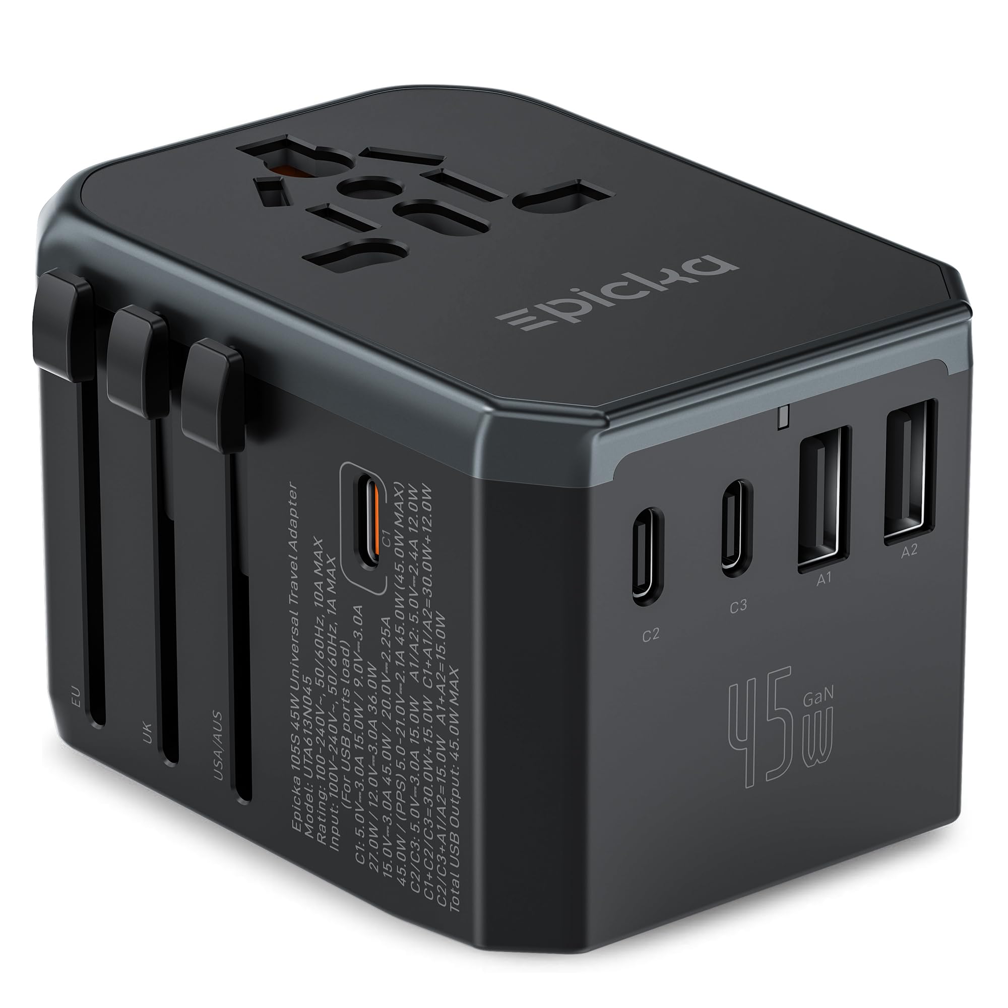 EPICKA GaN 45W universal travel adapter with all ports for global charging.