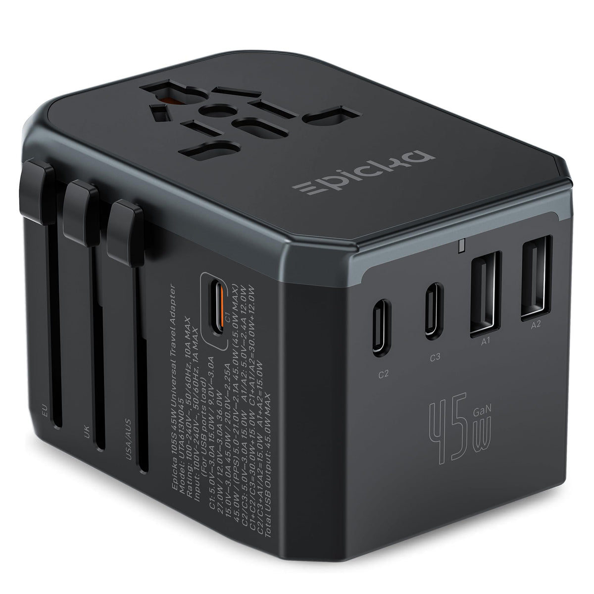 EPICKA GaN 45W universal travel adapter with all ports for global charging.