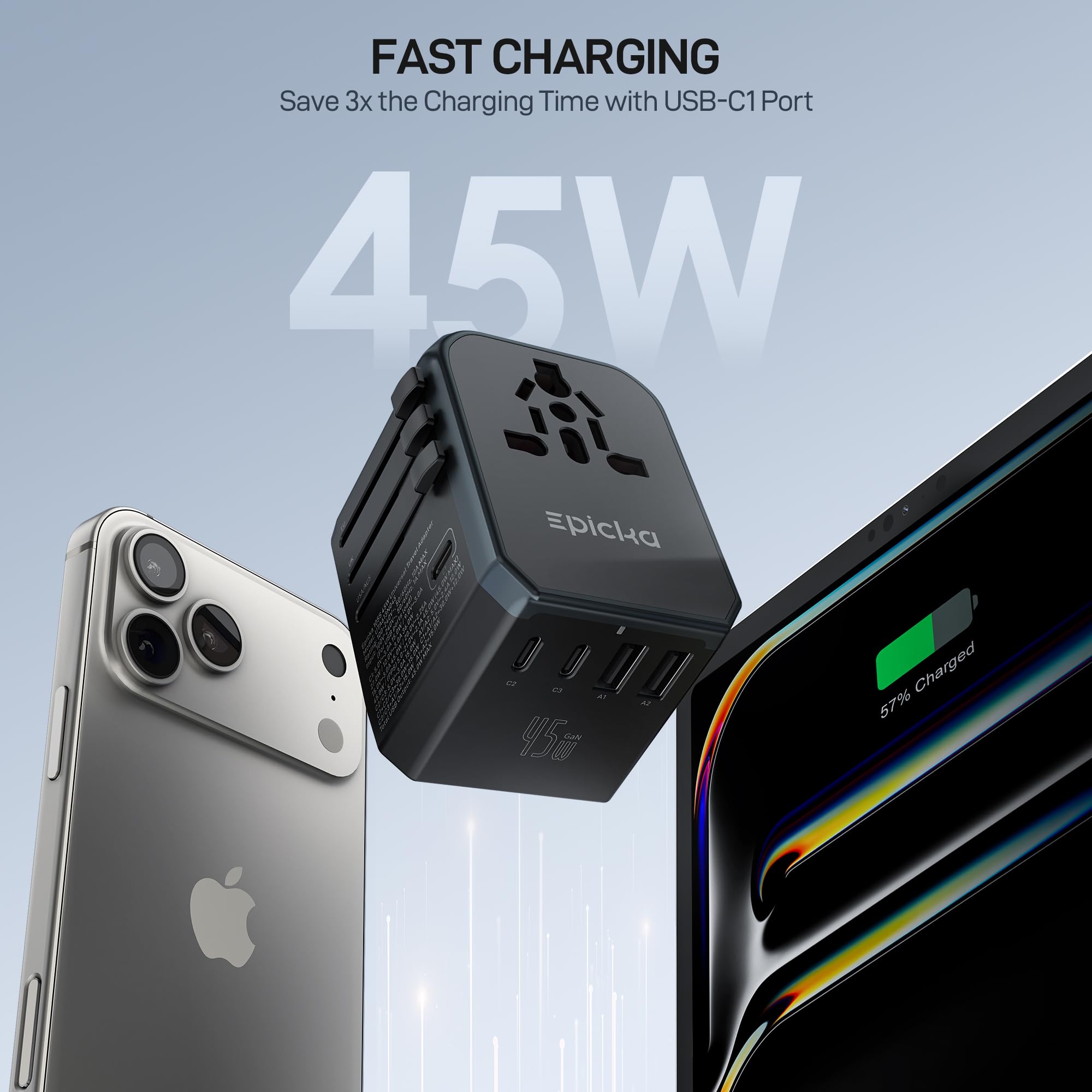 EPICKA GaN 45W USB-C ports enable high-speed device charging.