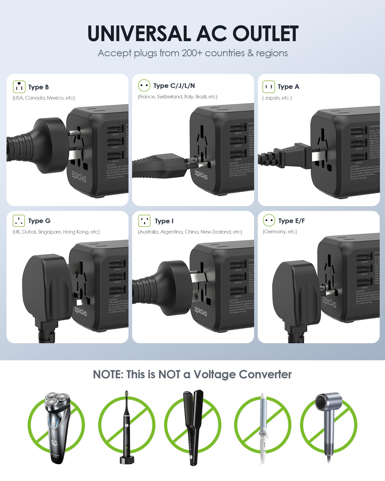 EPICKA TA-205 accepts C/G/I/A plugs for many regions.