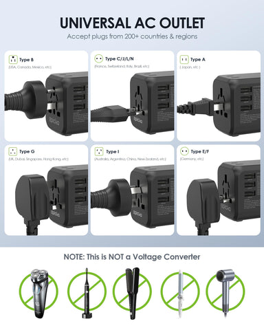 EPICKA TA-205 accepts C/G/I/A plugs for many regions.