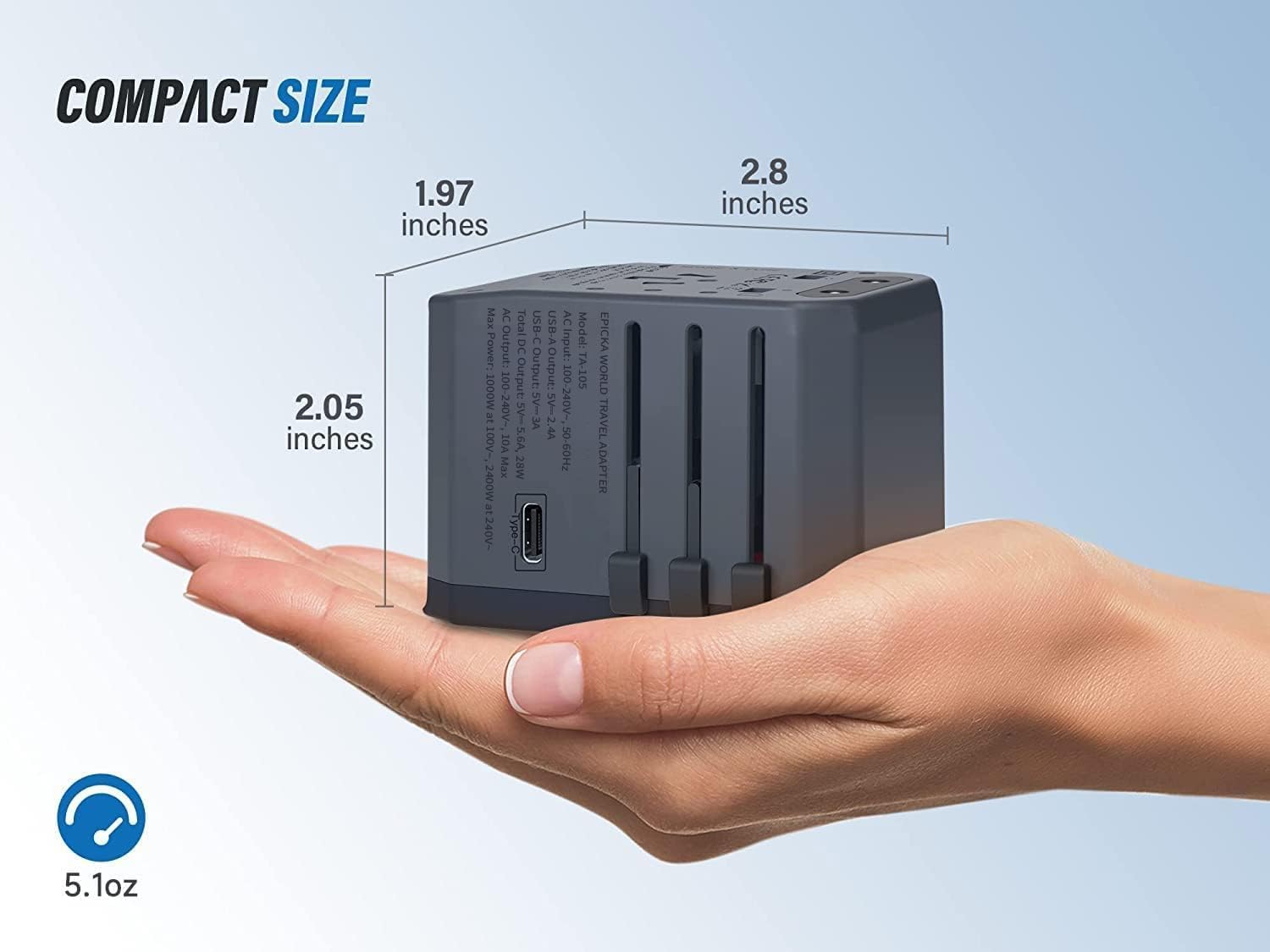 EPICKA TA-105 AC socket in-use view, suitable for laptops and cameras.