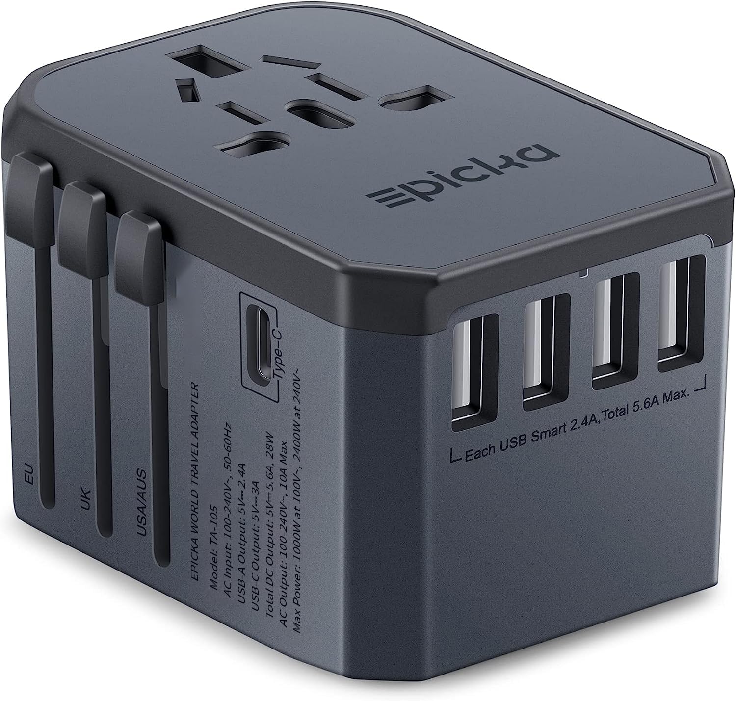 EPICKA TA-105 universal travel adapter front view, space gray, ideal for multi-device charging on trips.
